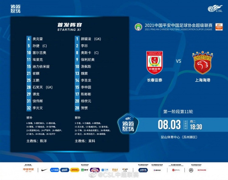亚泰与海港首发揭晓：双外援对决提前上演