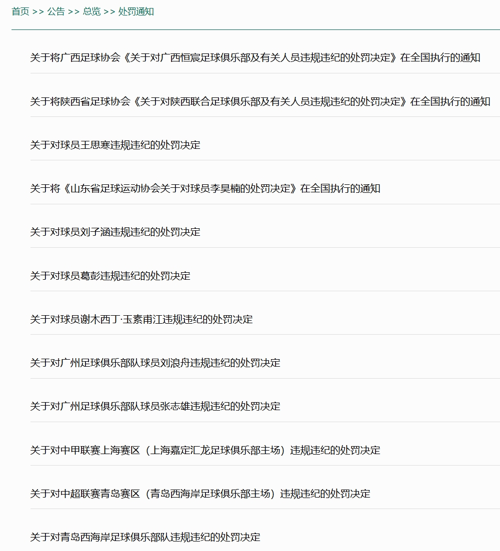 中足联负责发布处罚通知