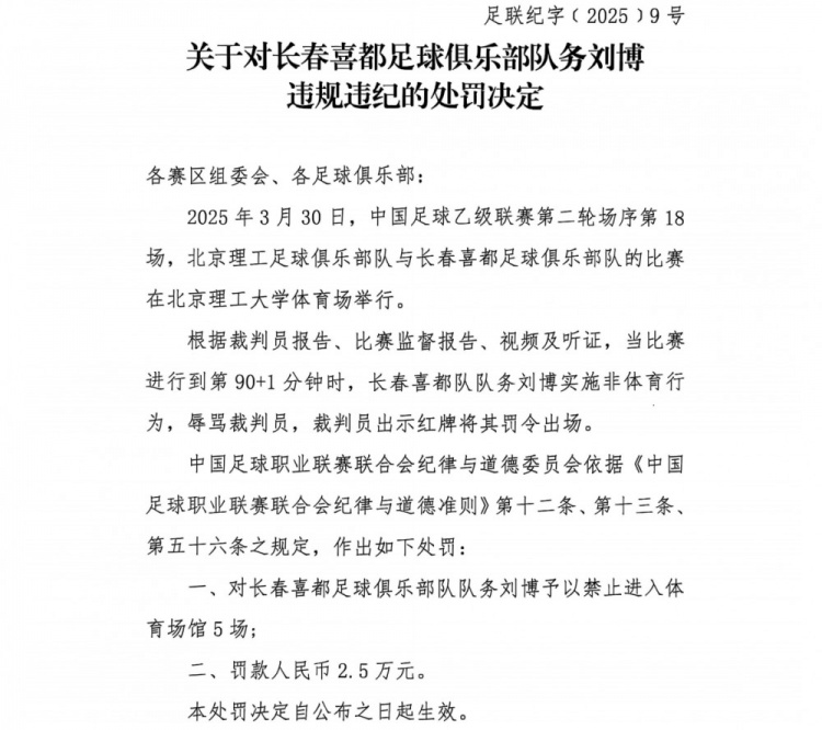 长春喜都队球员辱骂裁判被罚禁赛5场
